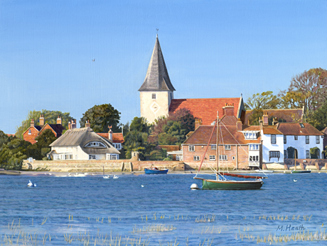 An oil painting of Bosham at high water by Margaret Heath.